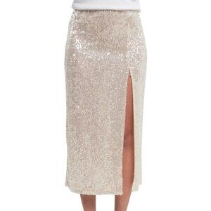 Grey Lab Sequin Vent Midi Skirt Light Cream Sz M